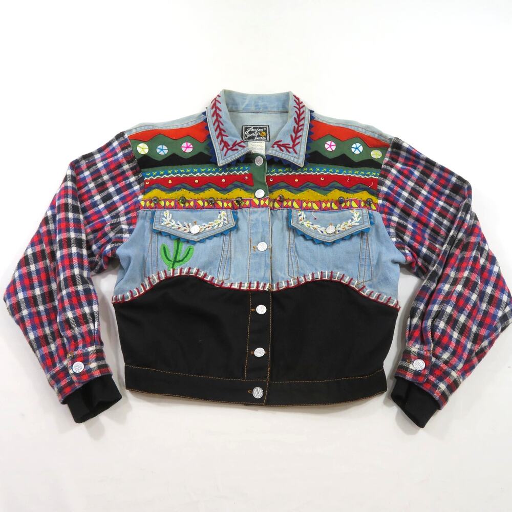 JouJou Jean Jacket, Patchwork Embellished, Blue Denim, Sz M